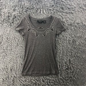 Miss Me Shirt Womens Small Embellished Fleur De Lis Net Detail Heathered Gray